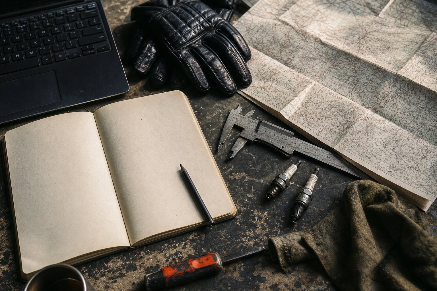 Route notebook, map, riding gloves and workshop tools on a well-used bench